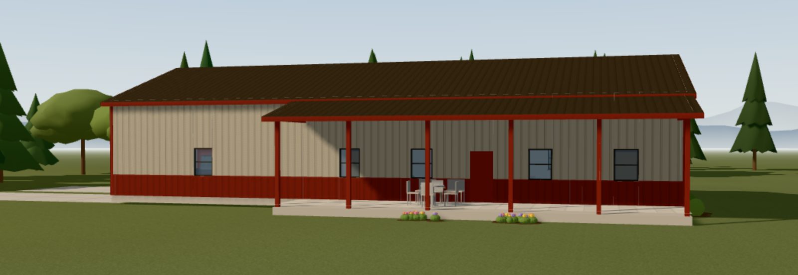 The barndominium from above in light stone steel walls, a slate roof and barn red trim and wainscot
