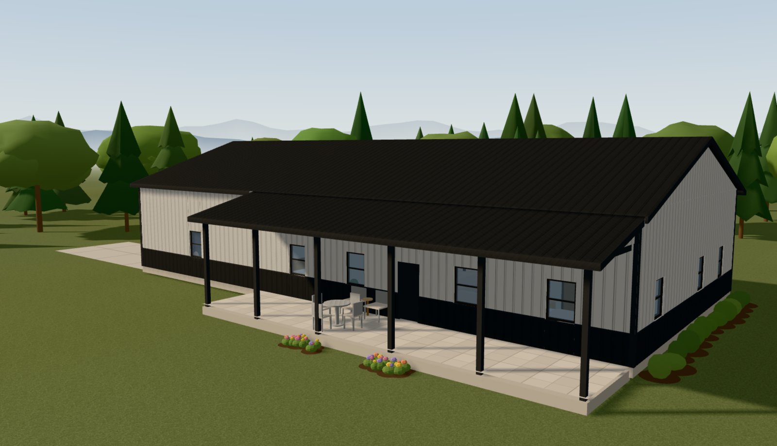 An 80 by 40 barndominium with white steel walls, a charcoal wainscot and roof, and a long covered porch