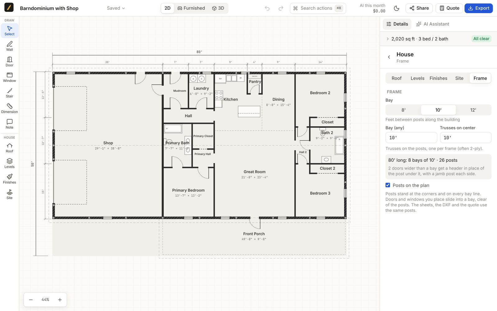 The barndominium floor plan with the Frame panel open, showing a 10-foot bay, 10-foot truss spacing and a count of 8 bays and 26 posts