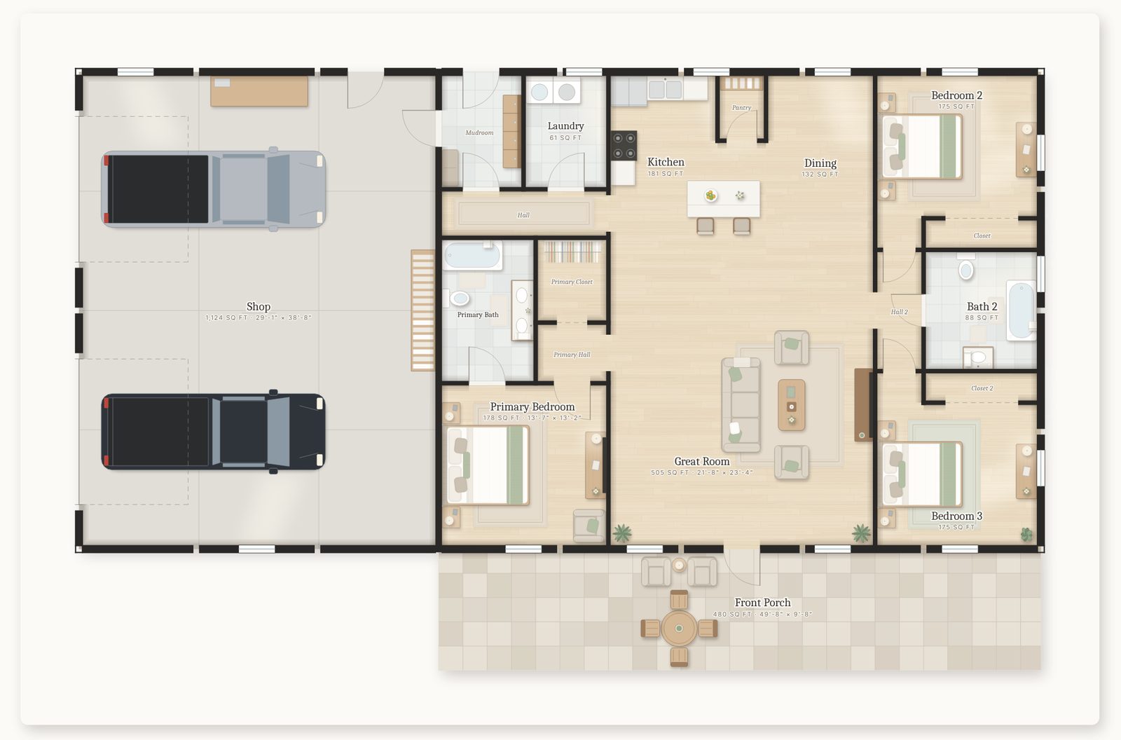 Furnished floor plan of a barndominium with a 30 by 40 shop on the west end, an open kitchen, dining and great room, three bedrooms and a front porch