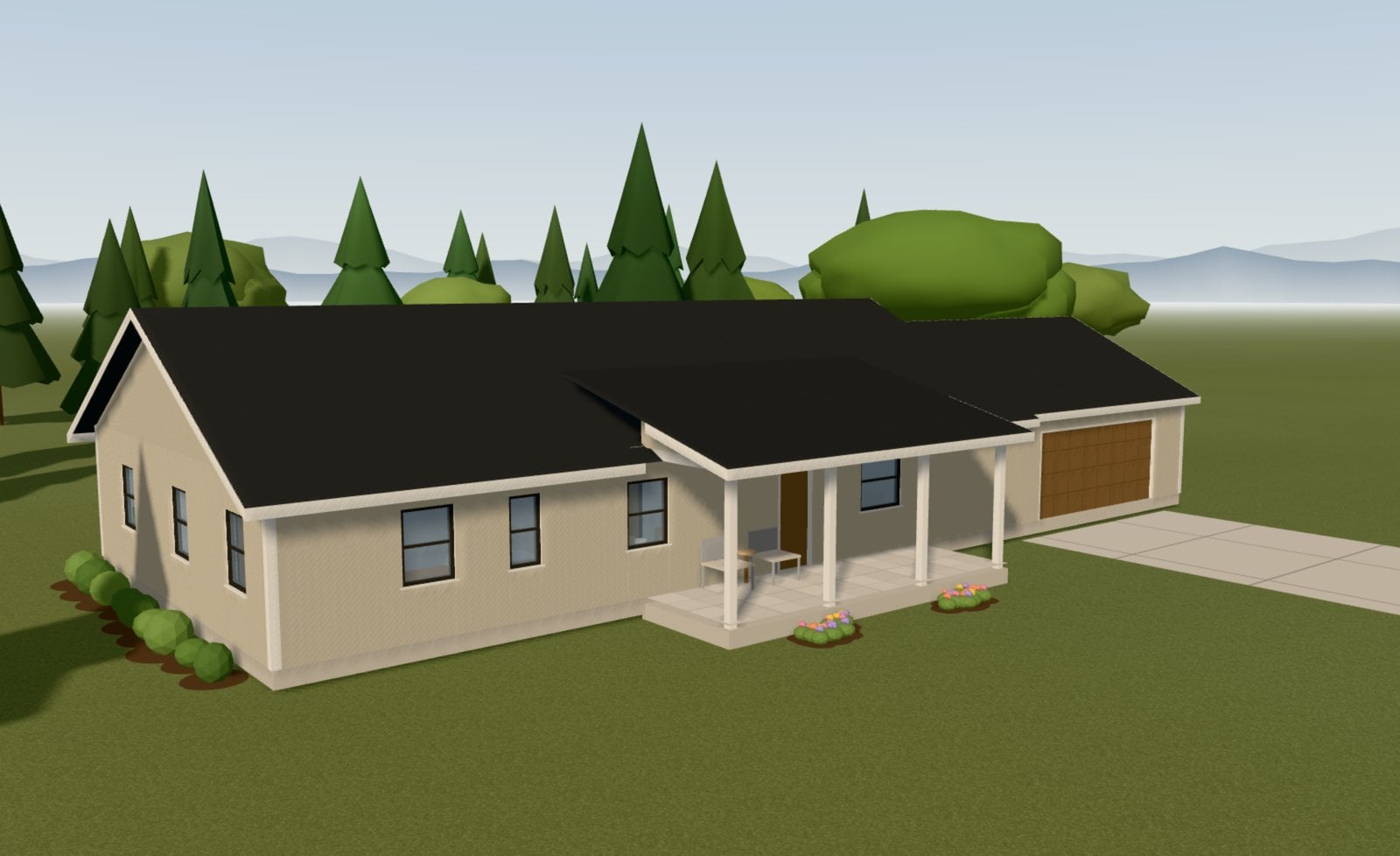 A one-story ranch house with a covered front porch and an attached two-car garage, in SecondPencil's 3D view