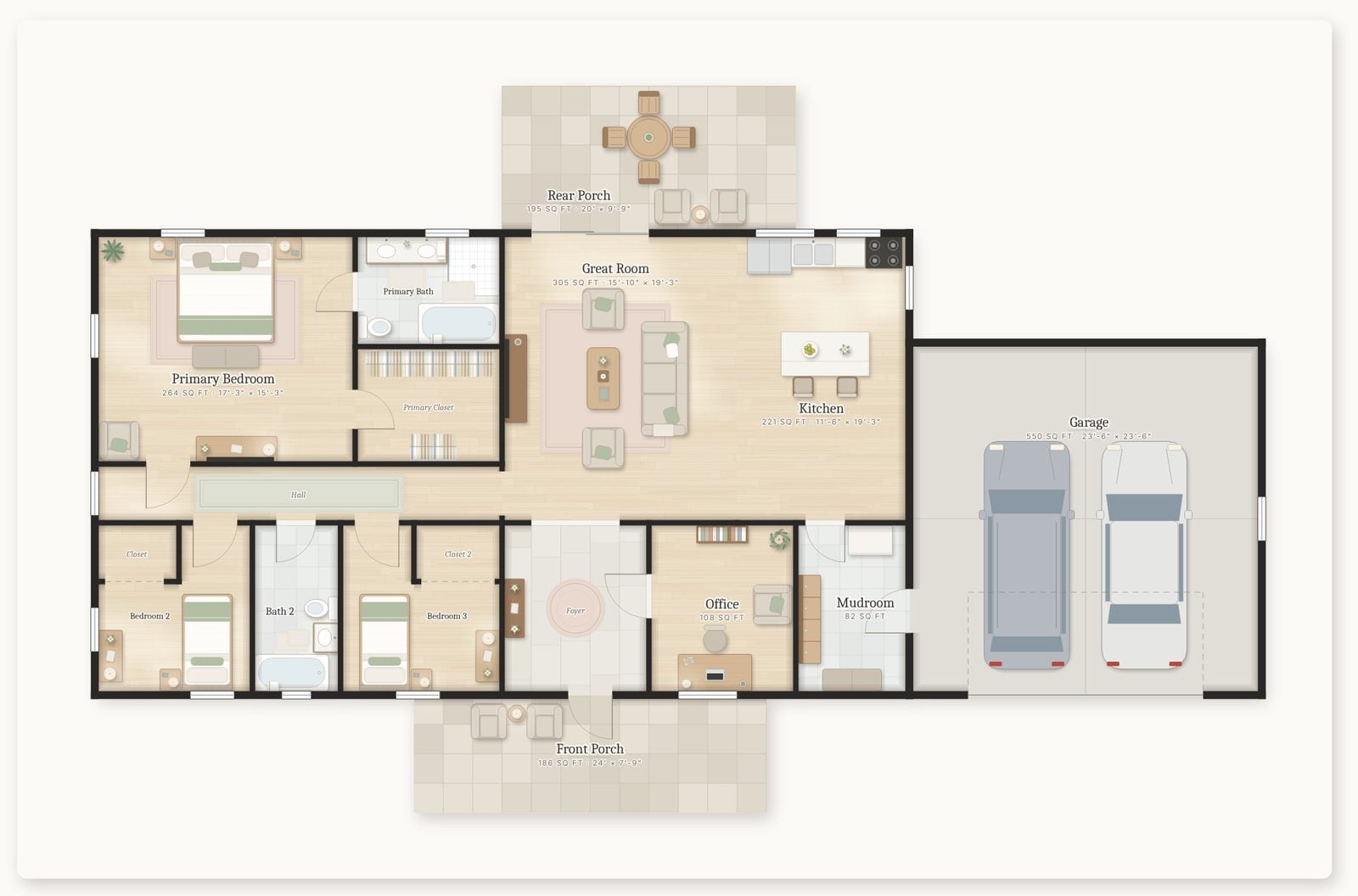 Furnished floor plan of a one-story house with a primary suite, an open great room and kitchen, porches and a two-car garage