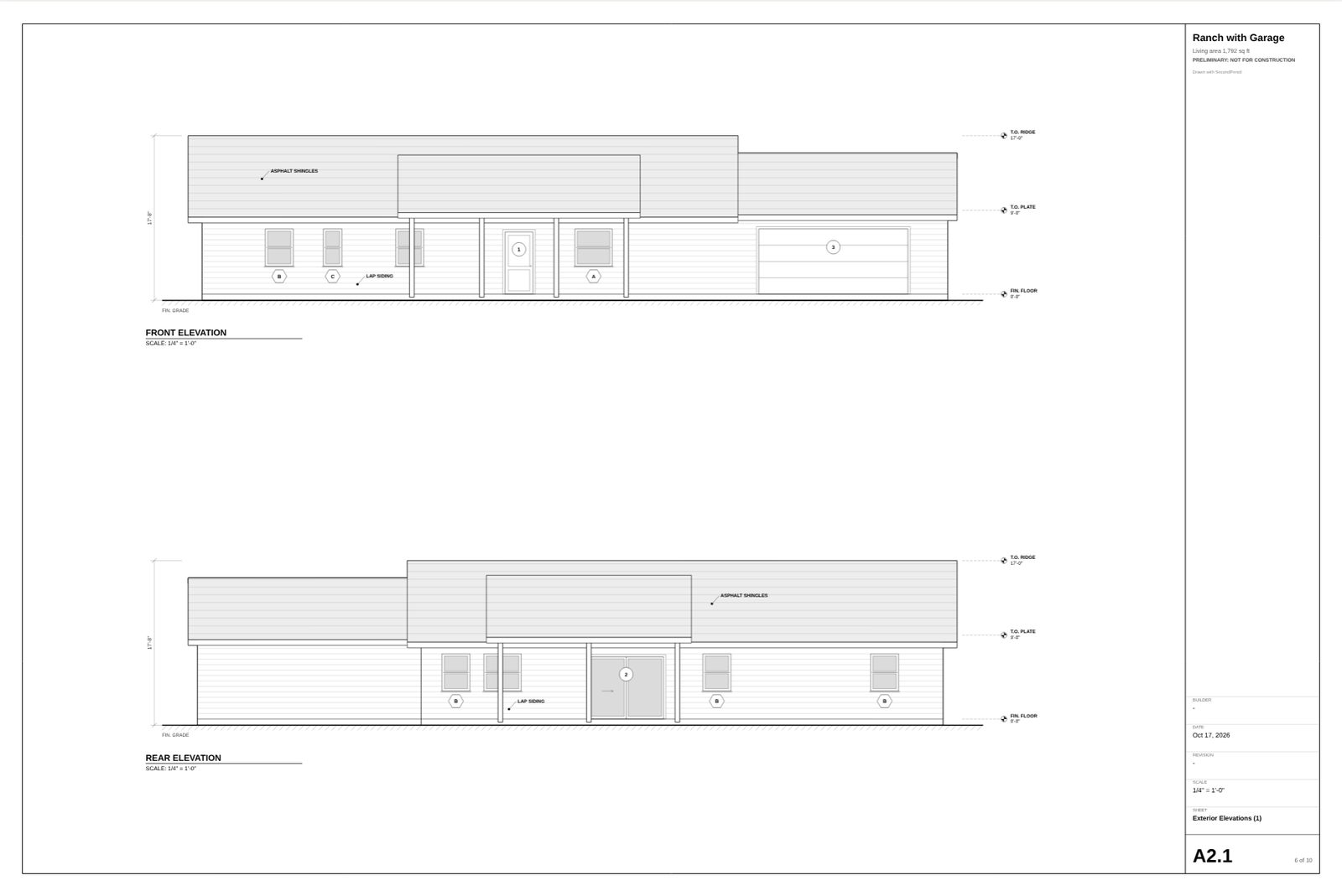 An elevations sheet showing the front and rear of a one-story house with window tags and heights