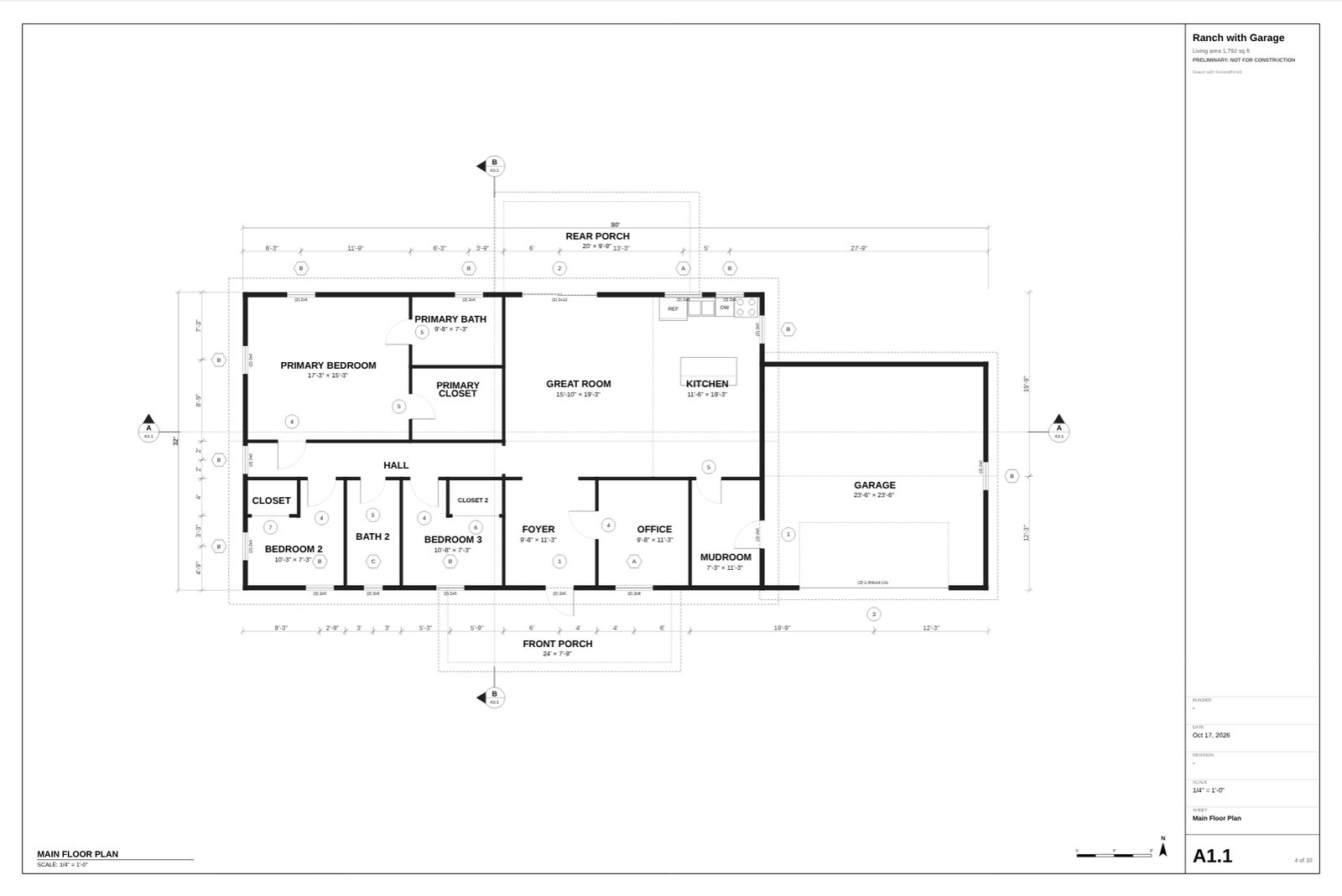 A floor plan sheet with dimension strings, door and window tags, header sizes and a title block